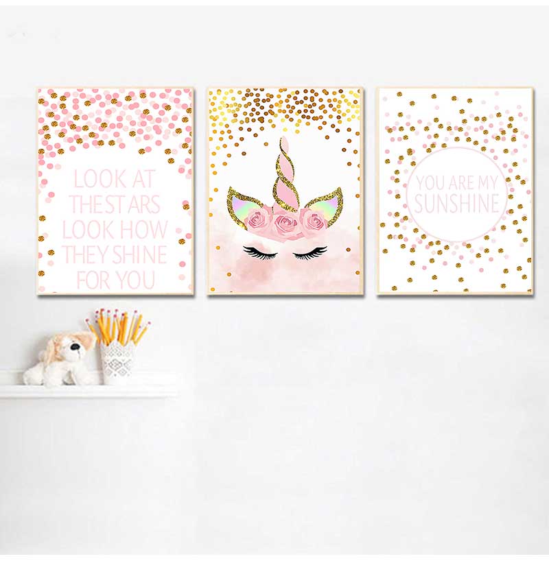 Baby Girl Nursery Quotes - 装飾絵画女の赤ちゃんの寝室の装飾ピンクユニコーン保育園引用アート壁キャンバスプリント絵画北欧スタイル