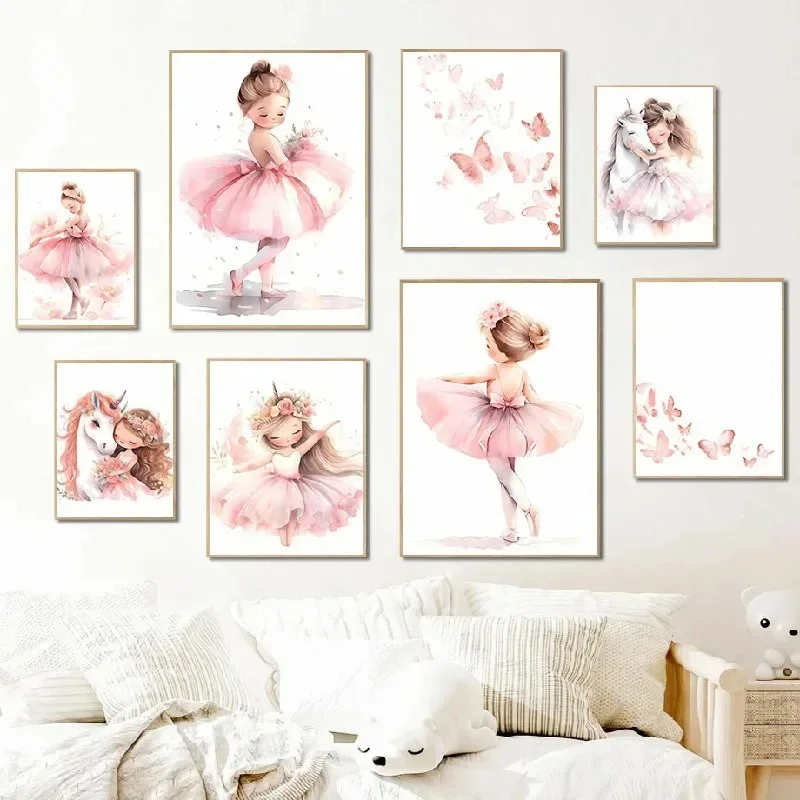 Baby Nursery Decor Girl - ピンクのバレリーナガールユニコーン蝶ポスター子供部屋装飾キャンバスポスター保育園壁アートポスターベビー寝室の装飾
