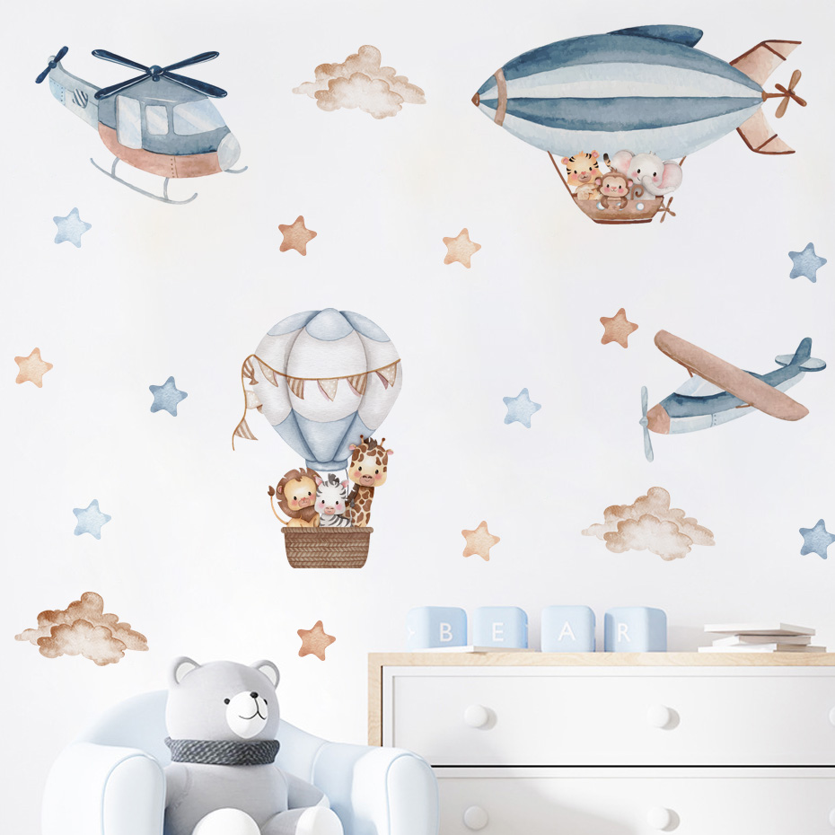 Baby Nursery Boy - 水彩動物熱気球雲ウォールステッカーキッズルームベビー保育園ルームウォールステッカー男の子ルームステッカーウォールステッカー