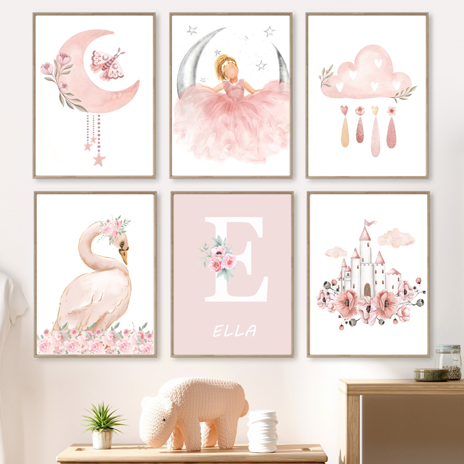 ピンクの天使の女の子日月雲白鳥城壁アート保育園キャンバス絵画 - Baby Nursery Decor Girl のレビューと価格